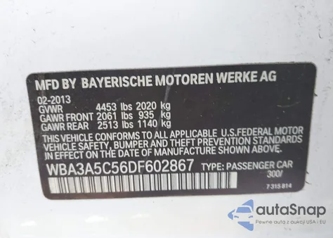 2013 BMW 328I z USA, uszkodzony, nr VIN WBA3A5C56DF602867